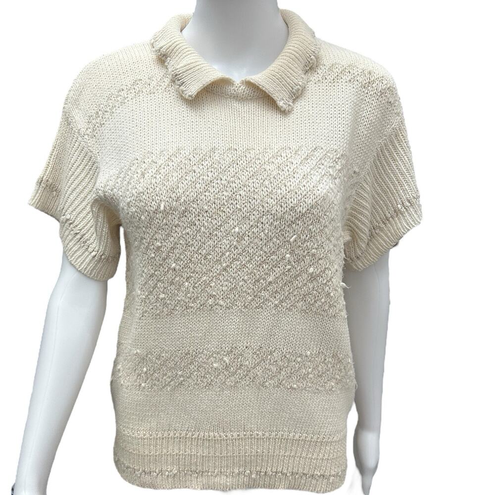 VTG Liz Claiborne Sz M Striped White Collared Short Sleeve Sweater Vintage